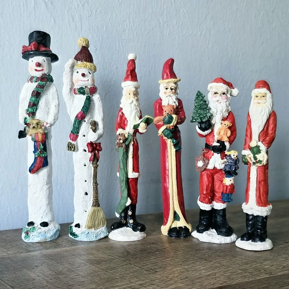 Vintage Lot 6 Old World Folk Art 1996 Tall Thin Pencil Santa Plaster Chalk Ware